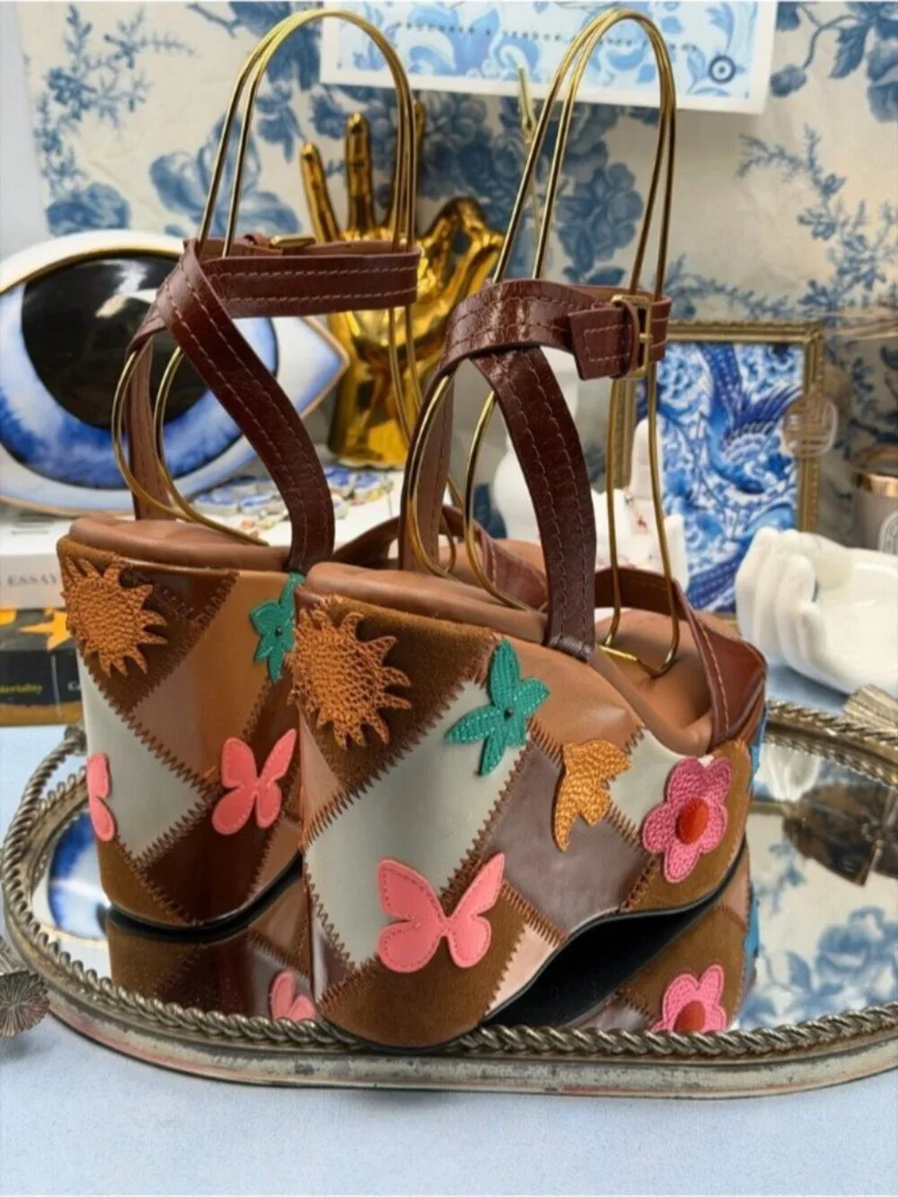 🆕 KURT GEIGER LONDON 🧿 NWOB Patchwork Platform Wedge Heel, Brown - Sz 37 US 7